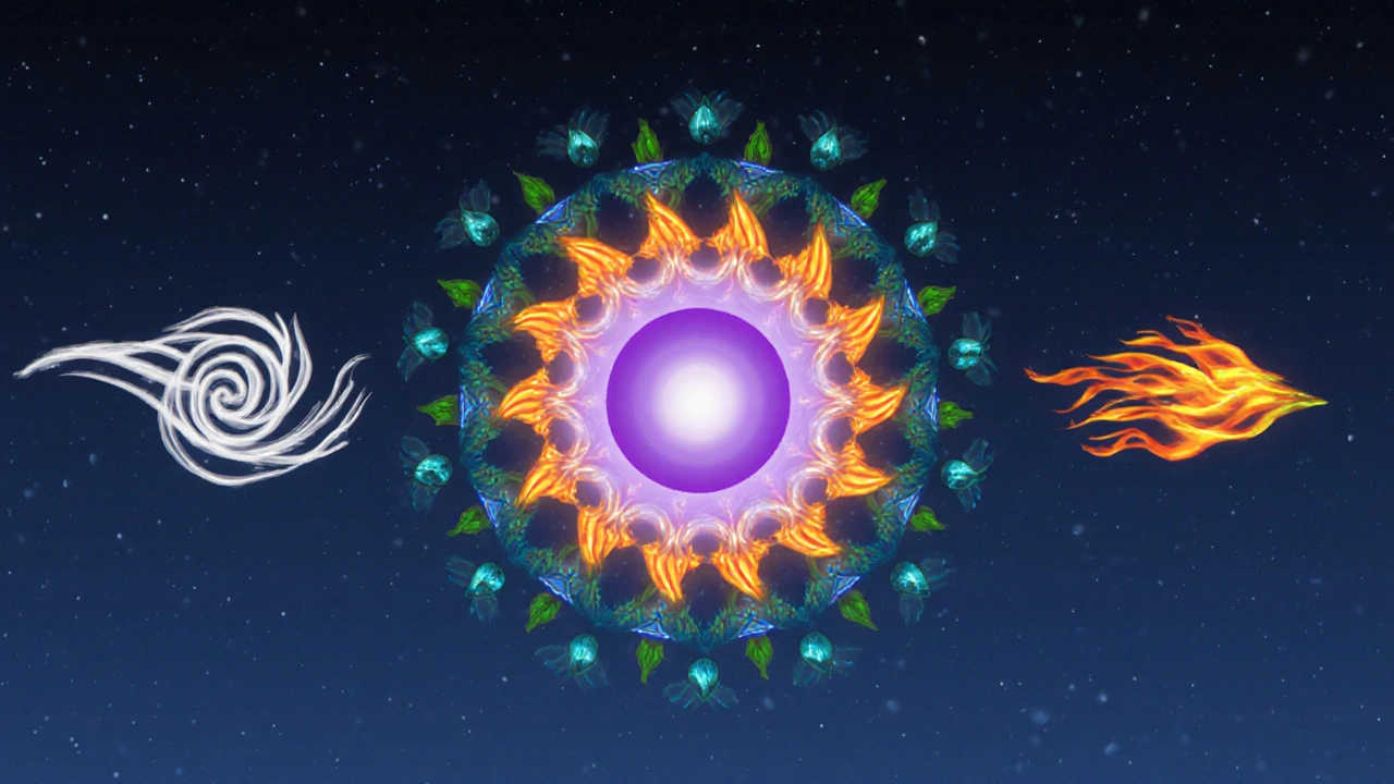 Abstraktní zobrazení tří dóš – Vata, Pitta, Kapha – ve vyváženém kruhu.