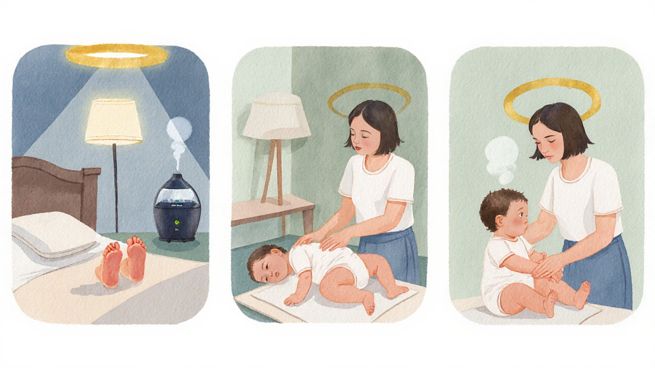 Ilustrace ukazující kroky masáže – nohy, bříško, paže a čelo dítěte.