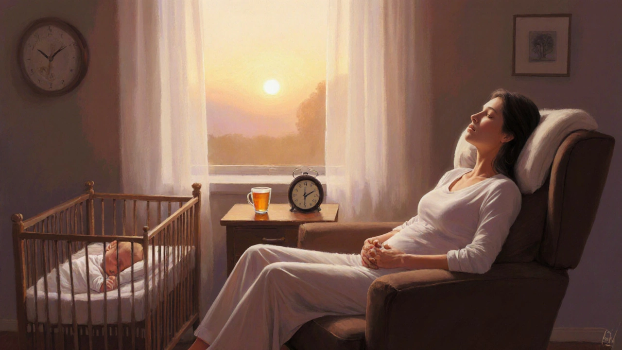 Rodič po masáži odpočívá, zatímco dítě spí v kolébce v teplém večerním světle.