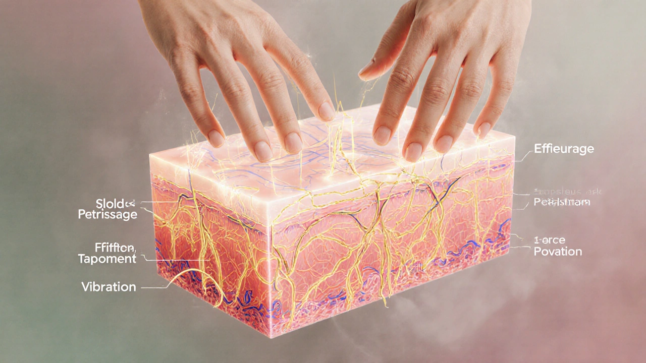 Abstraktní znázornění krevních a lymfatických cév pod kůží aktivovaných masáží.