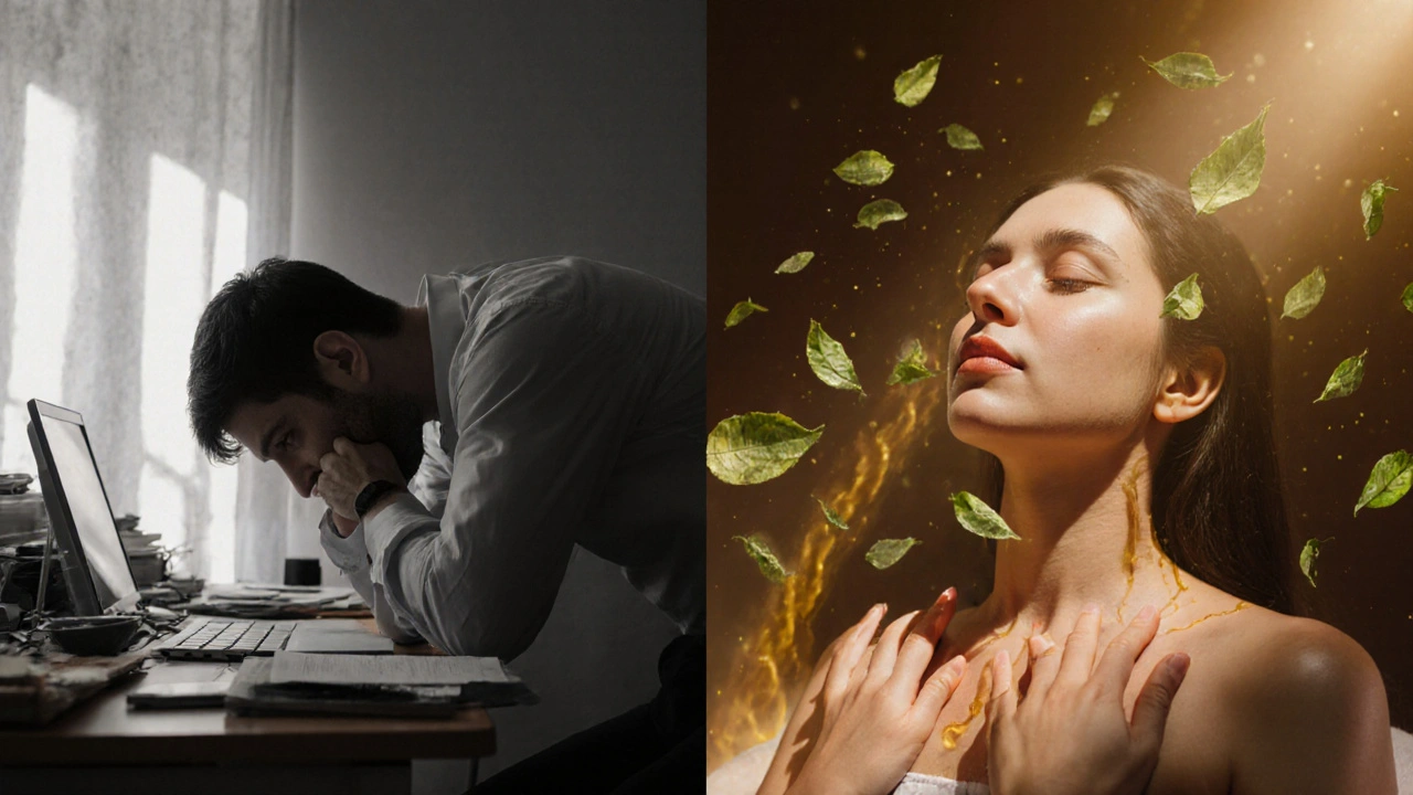 Dva pohledy na člověka: vyčerpaný vs. obnovený po ájurvédské masáži.