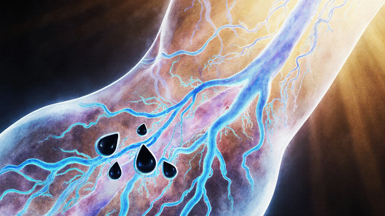 Glowing lymfatické cesty pod kůží odvádějí temné kapky stresových hormonů.