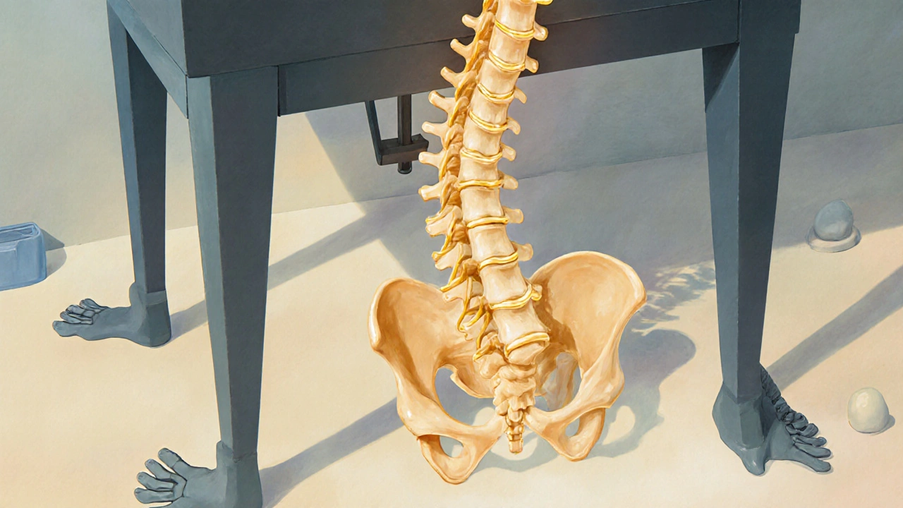 Lidská páteř se postupně vyrovnává do přirozené polohy, symbolizující vnitřní harmonii.