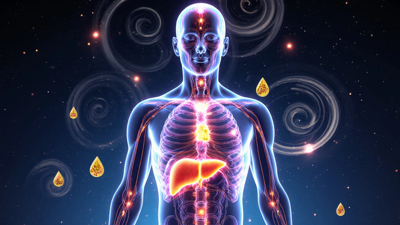 Lidské tělo s osvětlenými energetickými body a proudy bylinných olejů.