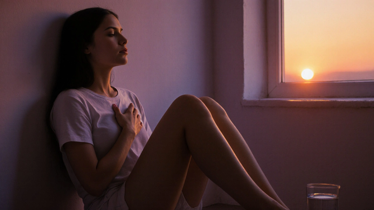 Osoba s nohama zvednutými na zdi, klidně dýchá ve večerním světle, lehká slza na tváři.