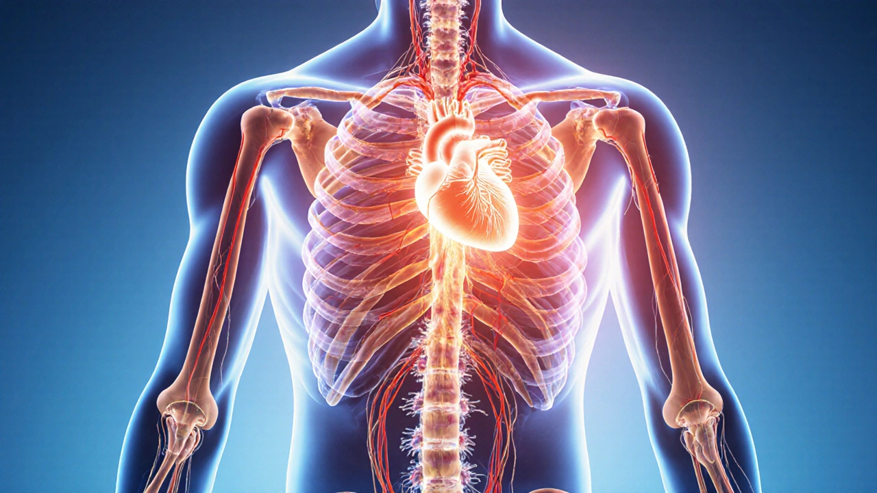 Přehled anatomie těla s viditelným zlepšením krevního oběhu a odtoku lymfy po masáži.
