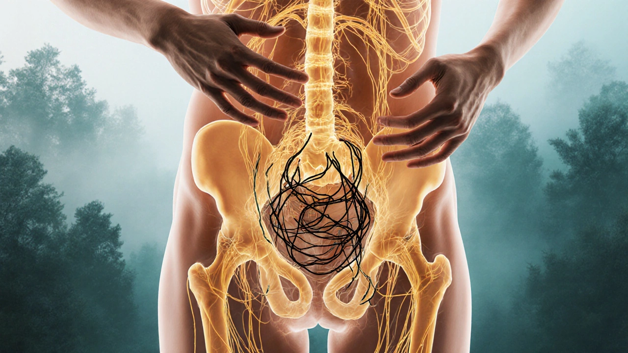 Průhledný lidský trup s blokovanými lymfatickými cestami, jemně zářící masážní pohyb.
