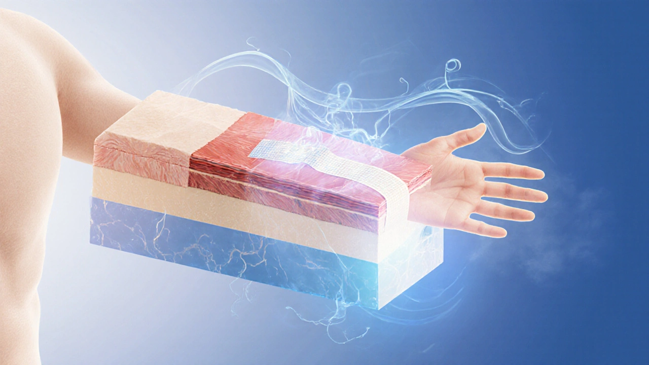 Průřez těla ukazující, jak tejp zvedá kůži a podporuje odtok tekutin.