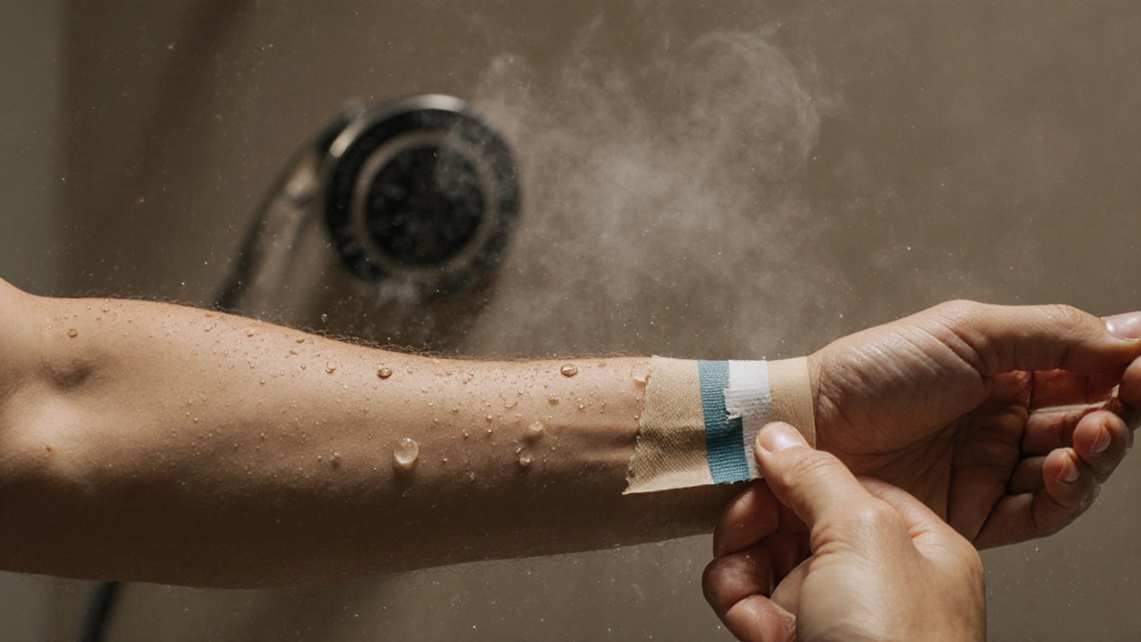 Ruka odstraňuje použitý kinesiologický tejp z předloktí ve sprše.