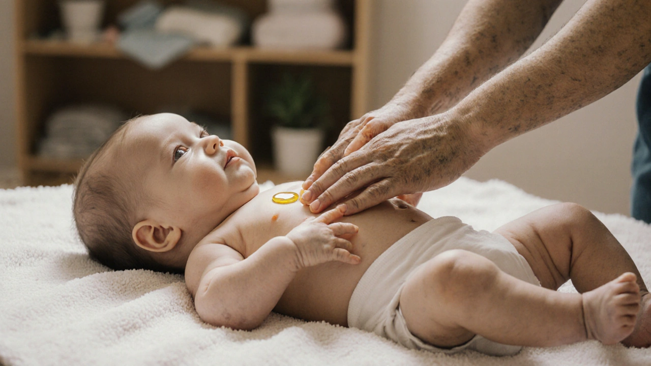 Ruky rodiče masírují bříško kojence v pravém směru, dítě se dívá s klidným výrazem.