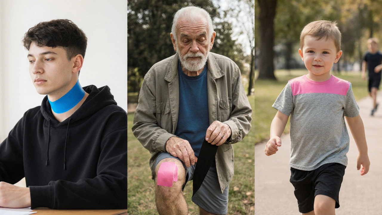 Různí lidé používají tejp v běžných situacích — student, starší muž, dítě.