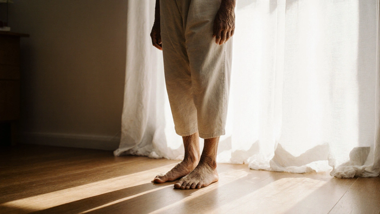 Starší osoba stojí klidně na dřevěném podlaze, cítí se uvolněná a vyrovnaná.