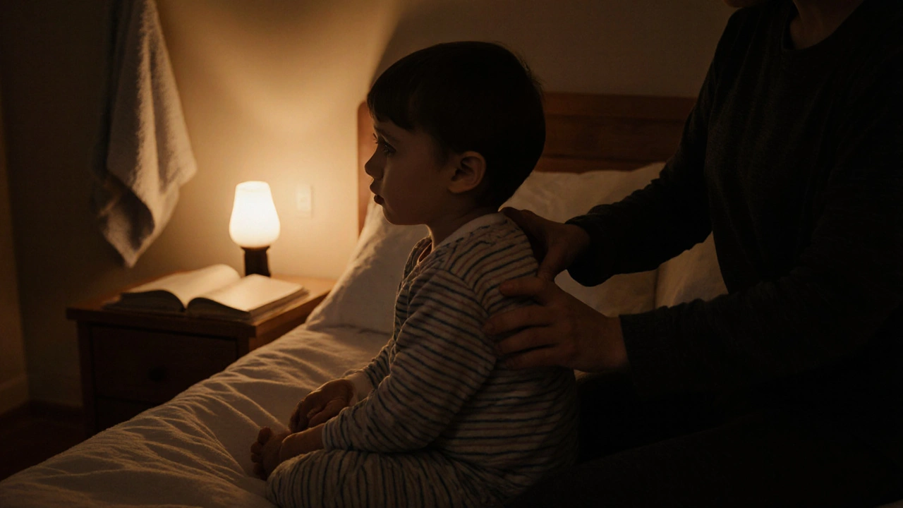 Tříleté dítě sedí na klíně rodiče večer, rodič ho jemně hladí po zádech ve světle noční lampy.