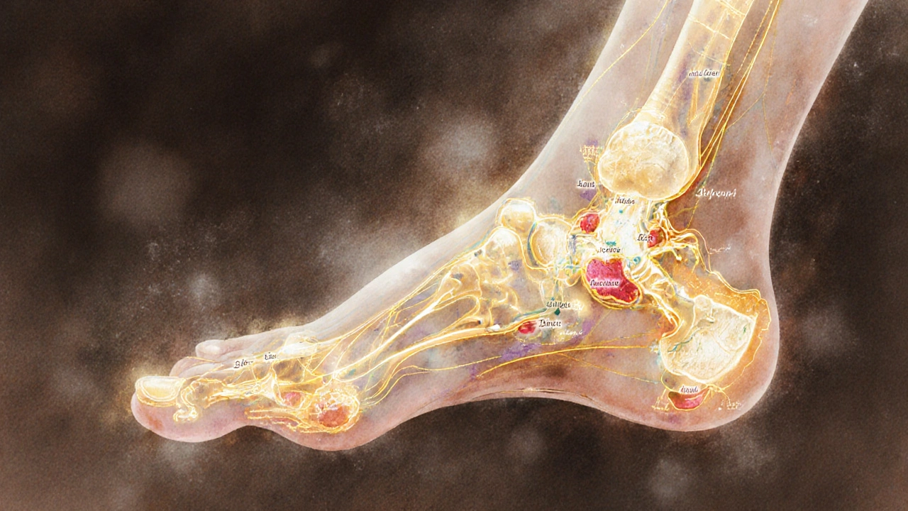 Vodová barva ilustrace nohy s propojenými reflexními zónami k vnitřním orgánům.