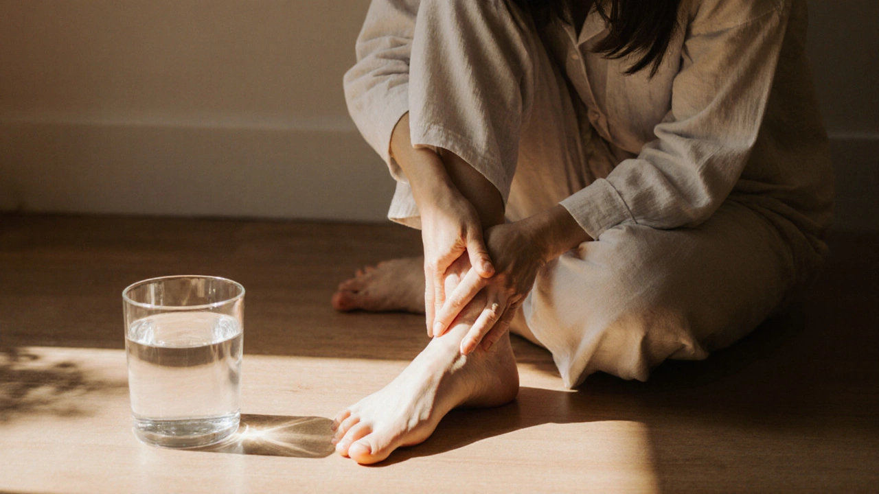 Žena jemně masíruje lýtko směrem k pánvi, slunce osvětluje klidnou scénu doma.