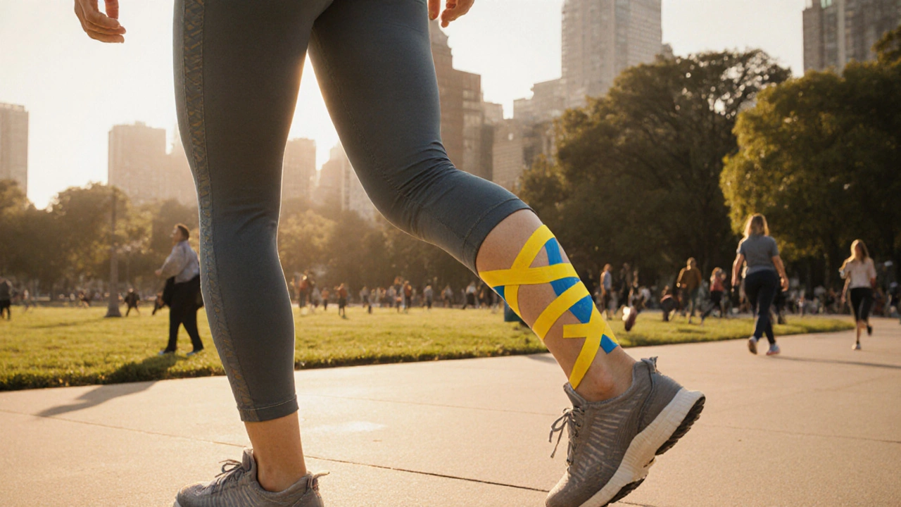 Žena s naneseným tejpem na koleno kráčí v parku při západu slunce.