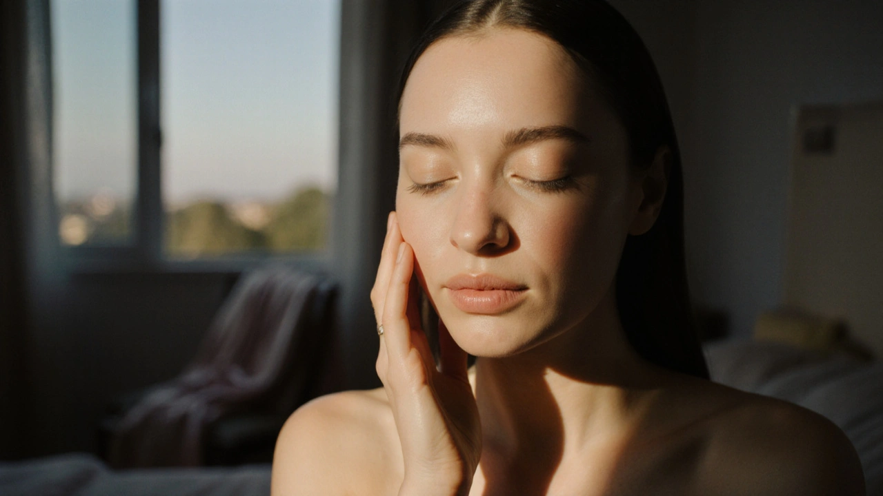Žena s oživenou pokožkou v ranním světle, s lehkým zářením na obličeji.