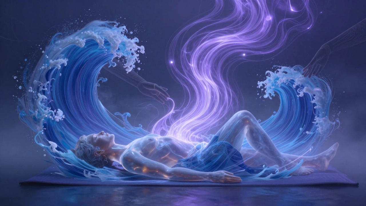 Abstraktní obraz emocionálního uvolnění: vlny energie vystupují z těla během Lomi Lomi masáže.