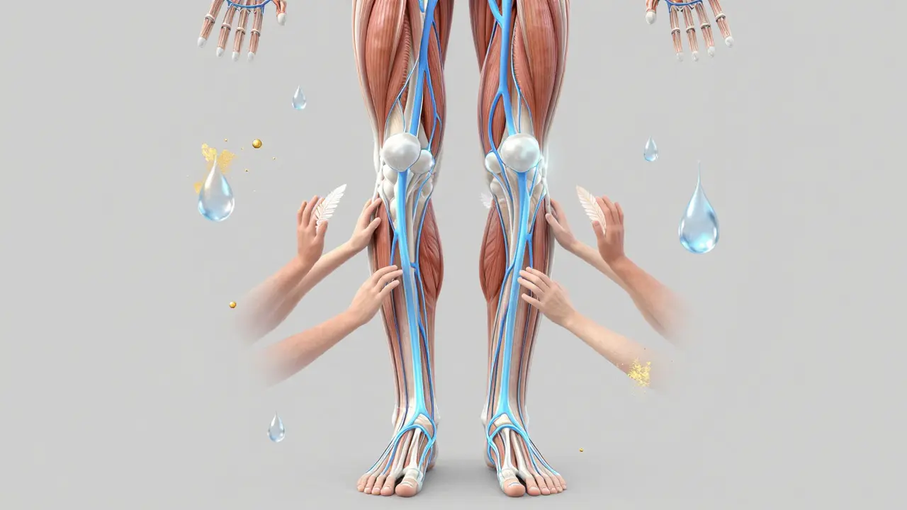 Abstraktní znázornění lymfatického toku světelnými proudy od nohou k tělu.