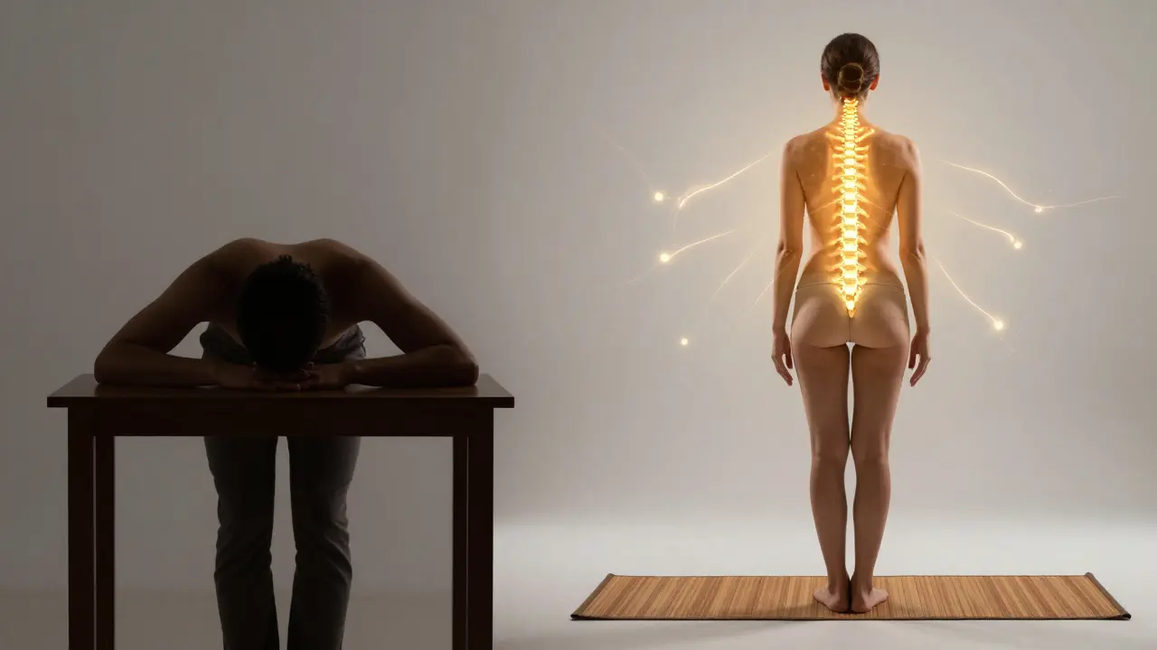 Before and after: from slumped posture to upright, radiant form with golden energy lines.