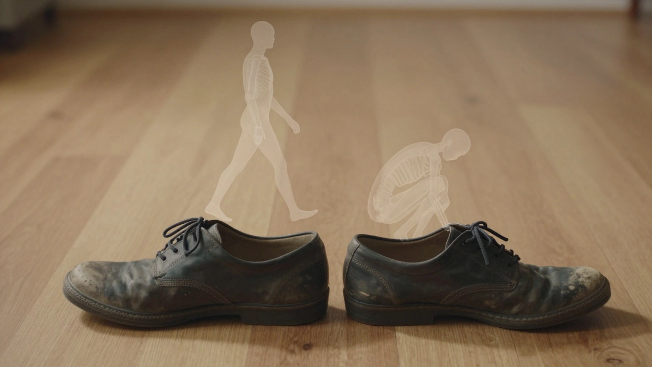 Dvě boty na podlaze — jedna špatně zarovnaná, druhá správně — symbolizují následky zkřivené páteře.