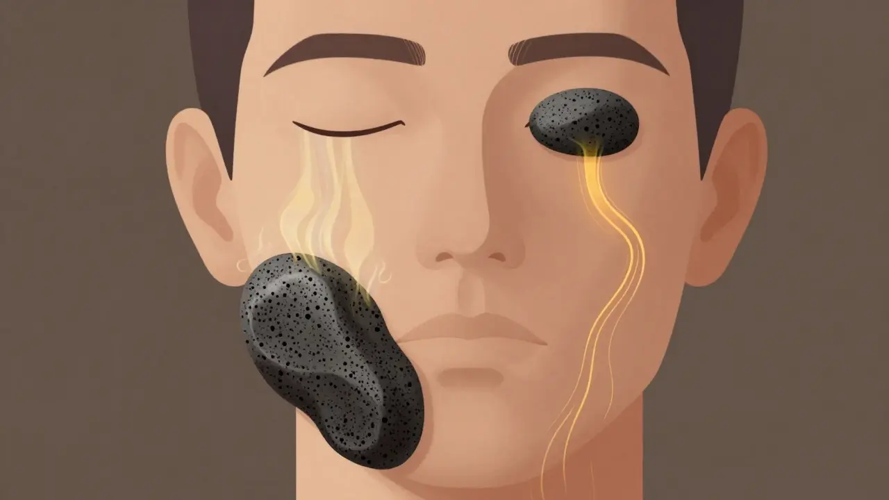 Ilustrace toku lymfy a krevního oběhu při masáži obličeje lávovými kameny.