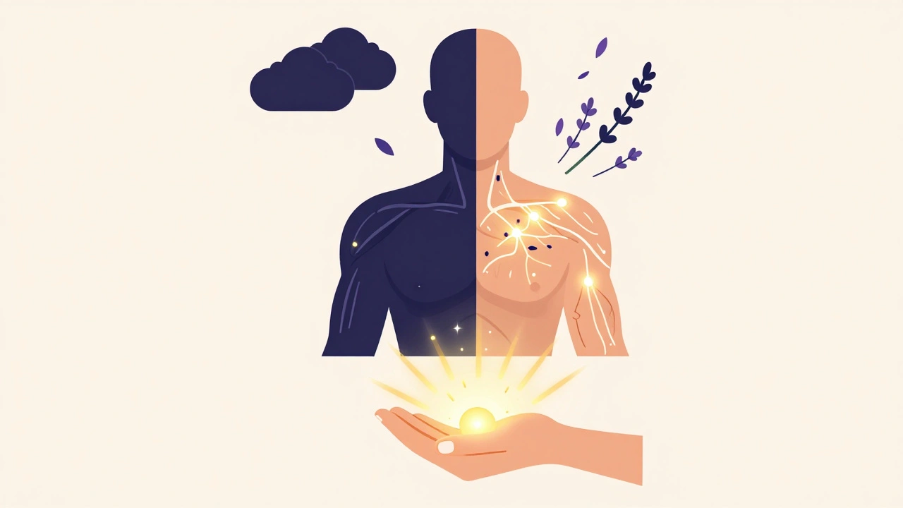 Koncepční obrázek těla a mysli v klidu: jedna strana napětí, druhá uvolnění s květy lavandy a zlatým světlem.