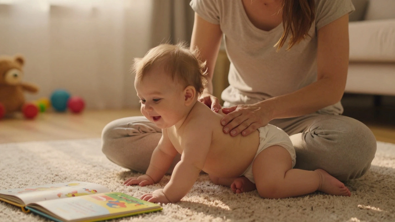 Matka masíruje záda 8měsíčního dítěte na podlaze večer.