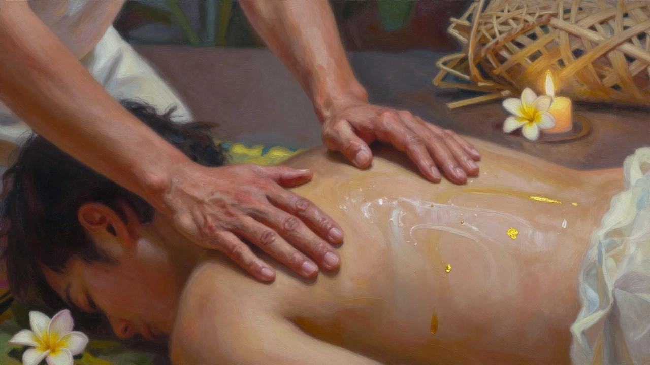 Ruce maséra plynule pokrývají záda klienta olejem, v pozadí plumerie a svíčky, atmosféra klidu a svatosti.