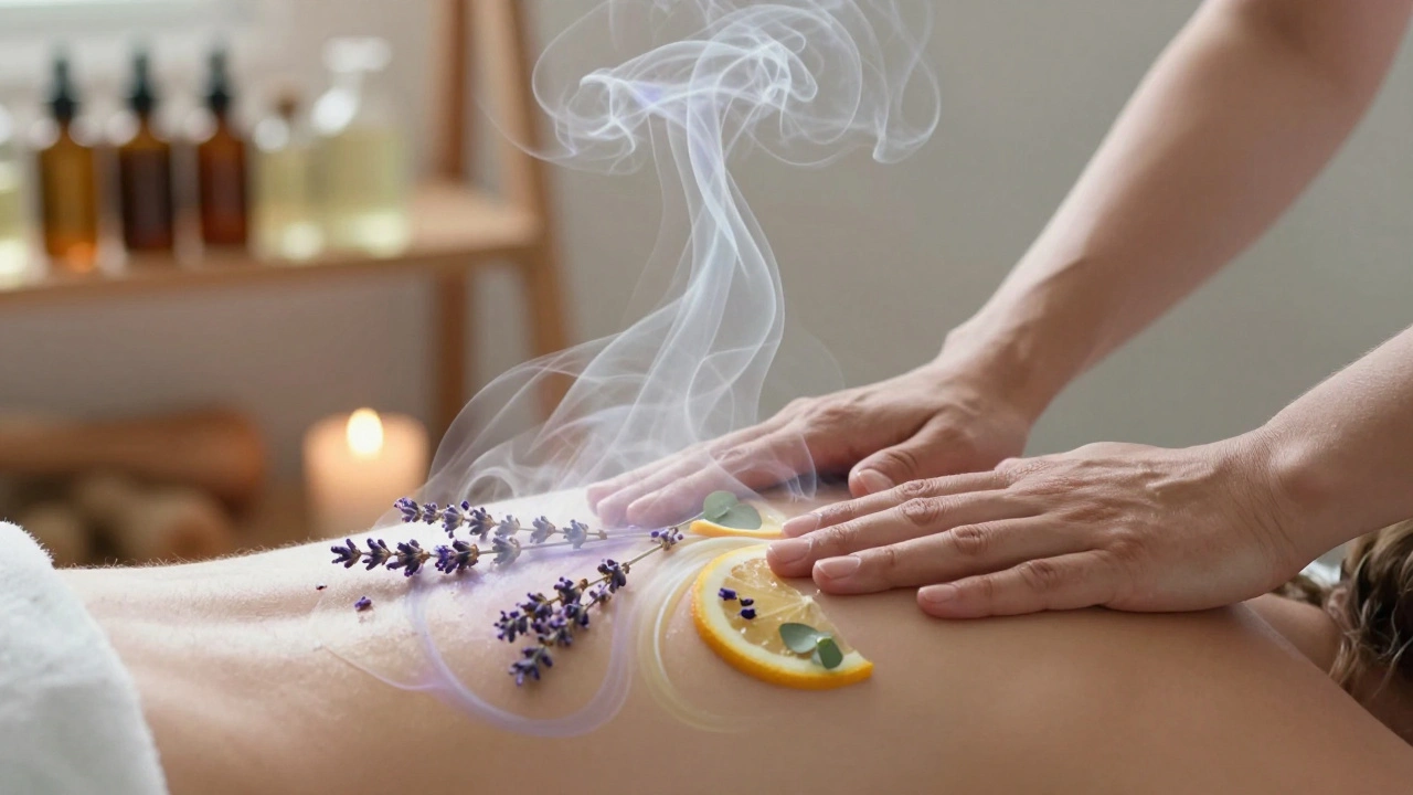 Ruce maséře aplikují esenciální oleje na záda, z nichž se vznášejí vůně jako průhledné proužky.