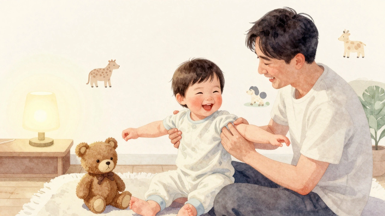 Tříleté dítě sedí na kolenou tatínka a dostává masáž paží.