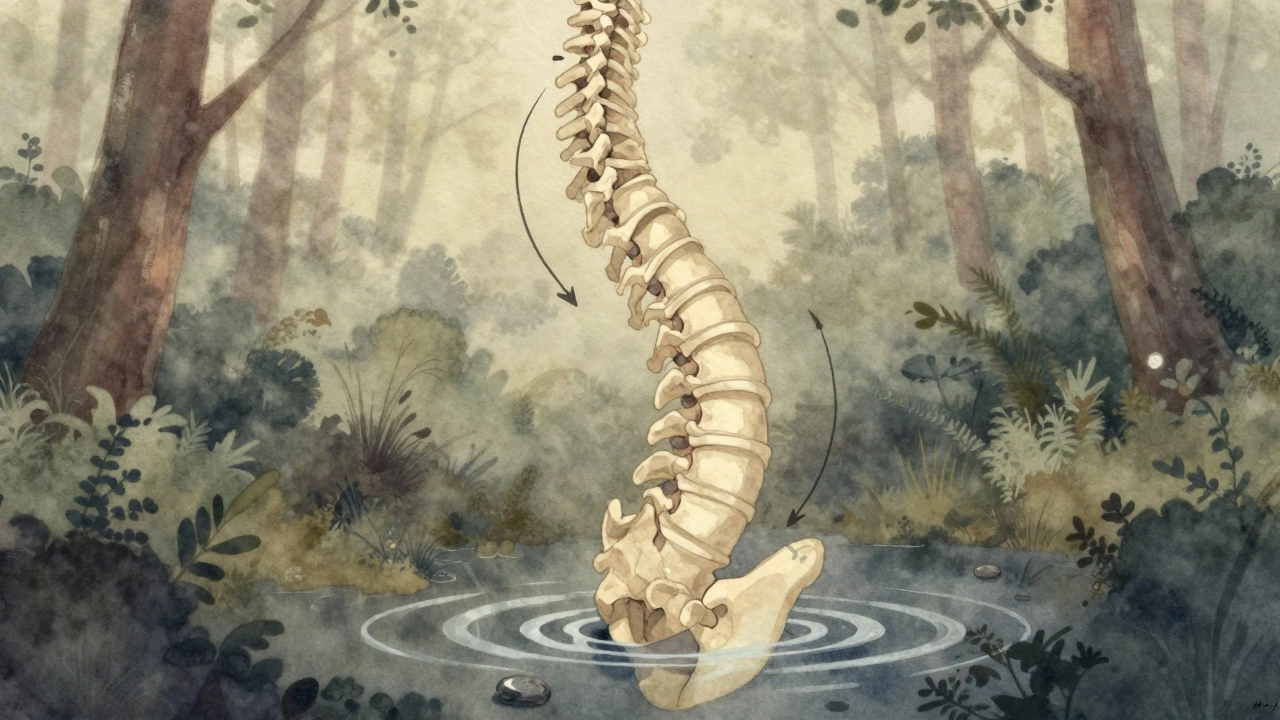 Vodová barva ilustruje páteř jako světelný sloup s jemnými korekcemi kloubů.