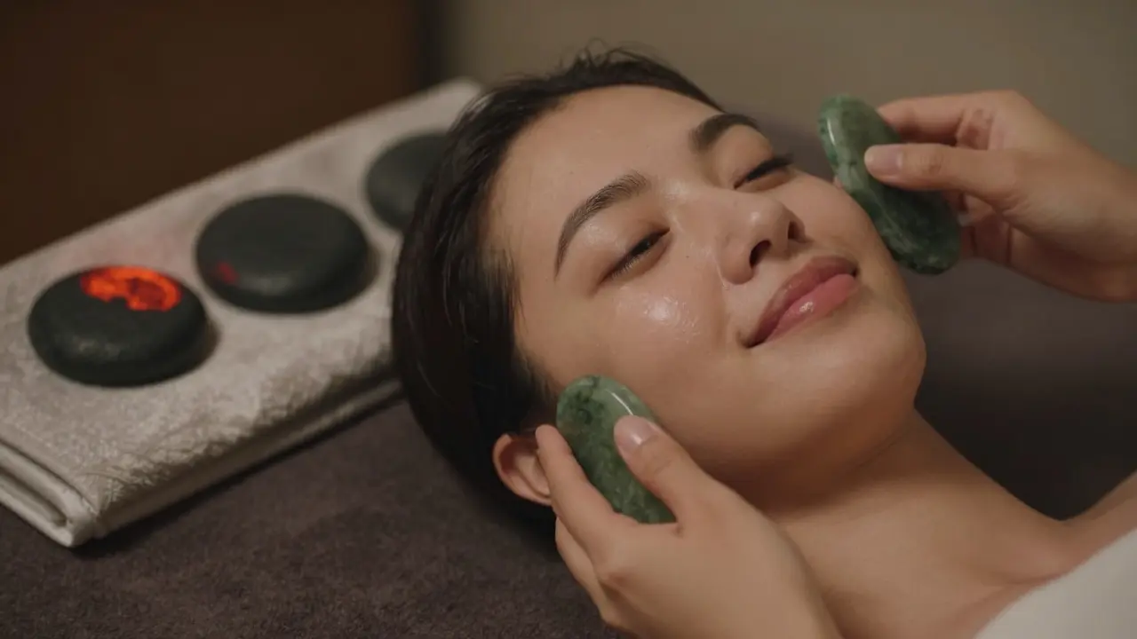 Žena po masáži obličeje lávovými kameny, s tváří zářící přirozeným zdravím.