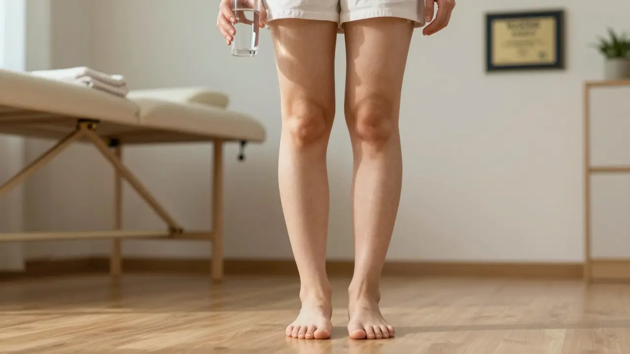 Žena po masáži pije vodu, viditelně uvolněná a klidná, v klidném prostředí.