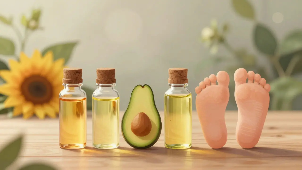 Čtyři přírodní oleje pro masáž miminko: slunečnicový, jojoba, avokádový a řepkový, na dřevěném povrchu.