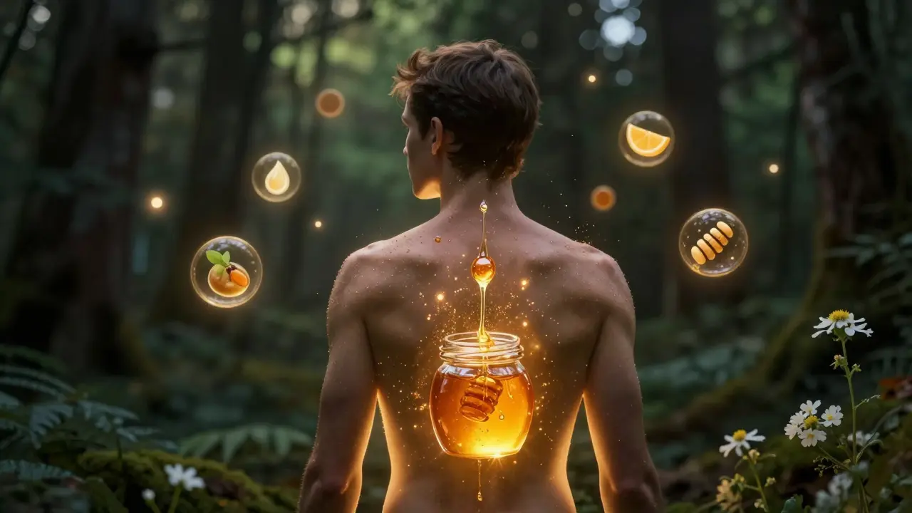 Kontur člověka s ozářenou zády, kde med přeměňuje kůži v zářivou, obnovující se plochu.