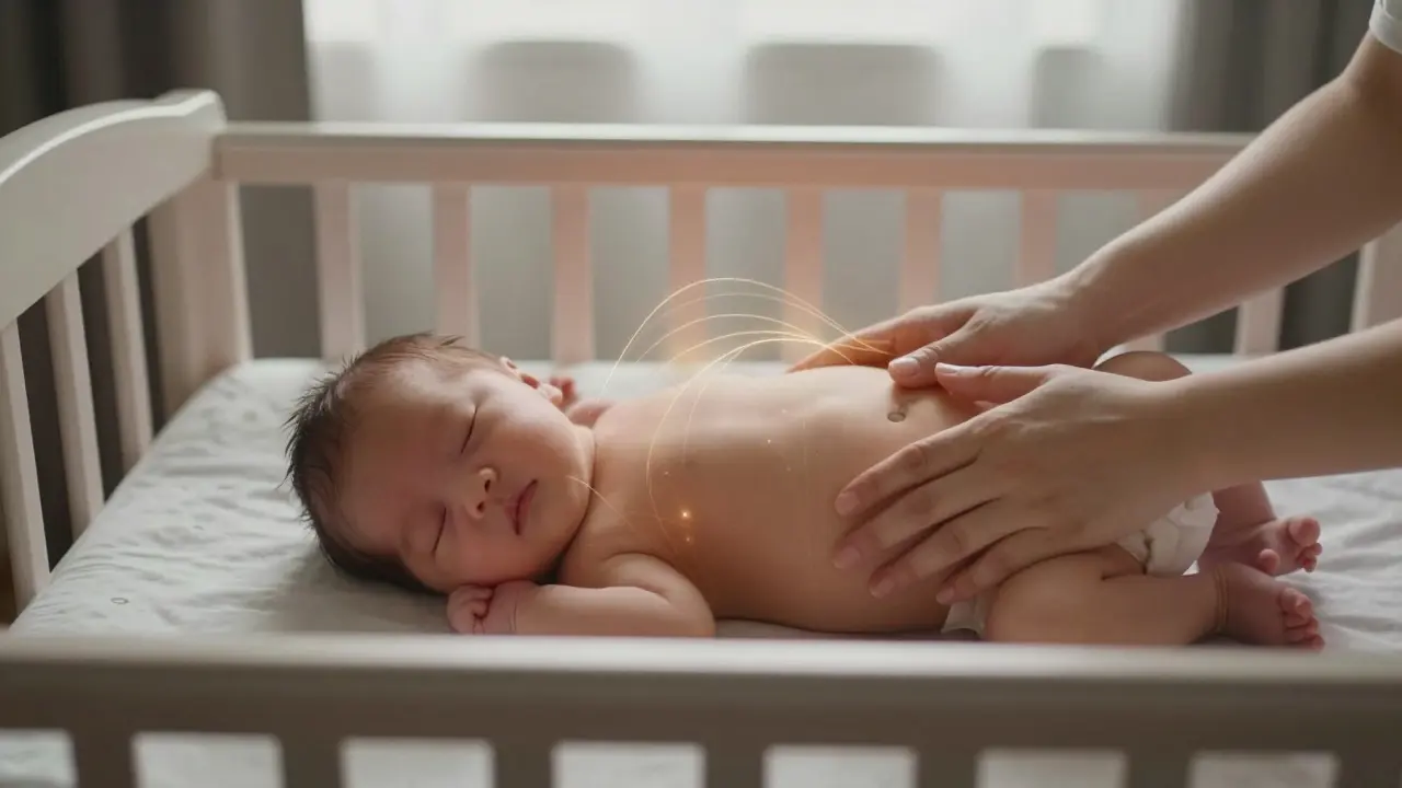 Novorozencem klidně spící v kojence, s jemným světelným spojením k rukám matky během masáže.