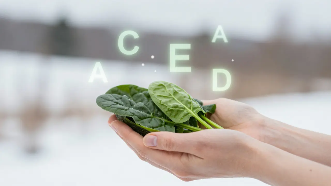 Ruce držící špenát a avokádo s jemnými světelnými symboly vitamínů kolem nich, symbolizující výživu pro zdravou pokožku.