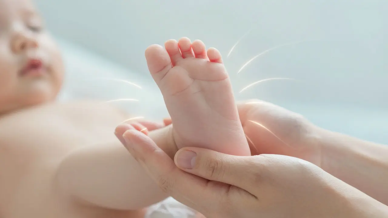 Ruce rodiče podrží nožičku miminka, jemné světelné vlny symbolizují spojení a ochranu kůže.