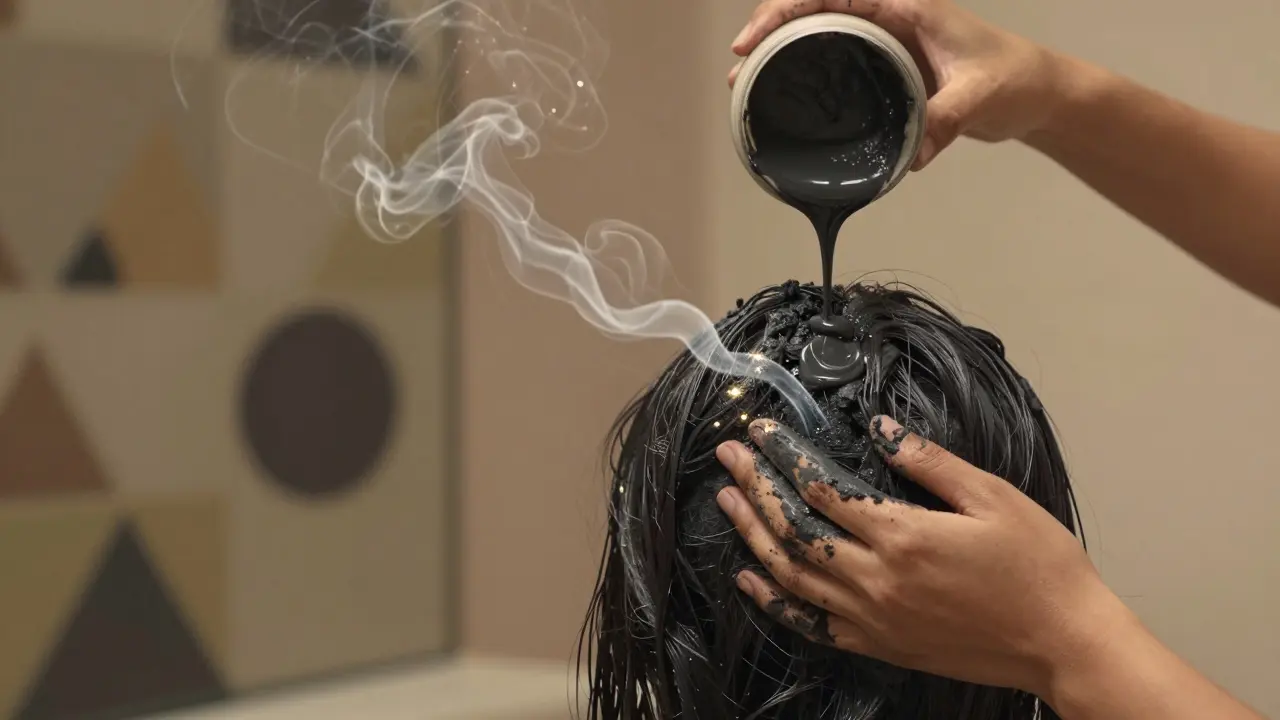 Ruka nalévá hloubkovou čisticí masku s uhlíkem a hlínou na vlasy.