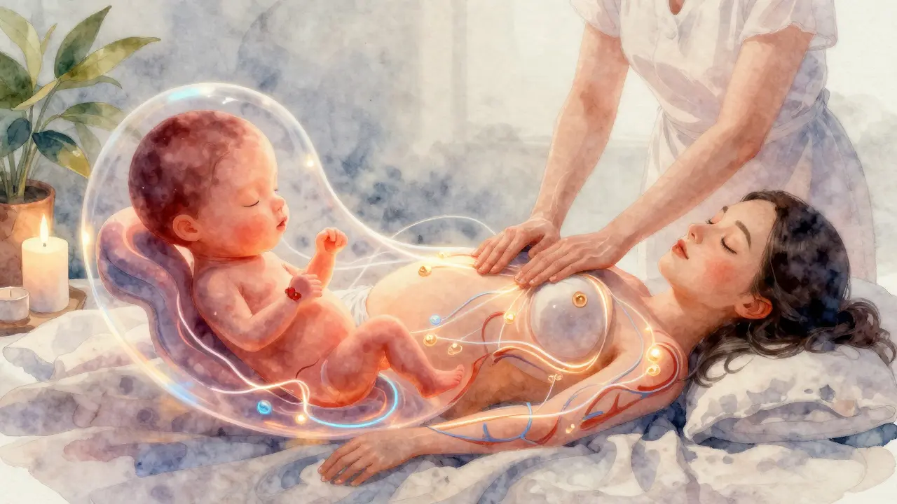Uvnitř těhotného těla viditelný plod spojený s matkou světelnými linkami znázorňujícími zlepšený krevní oběh.