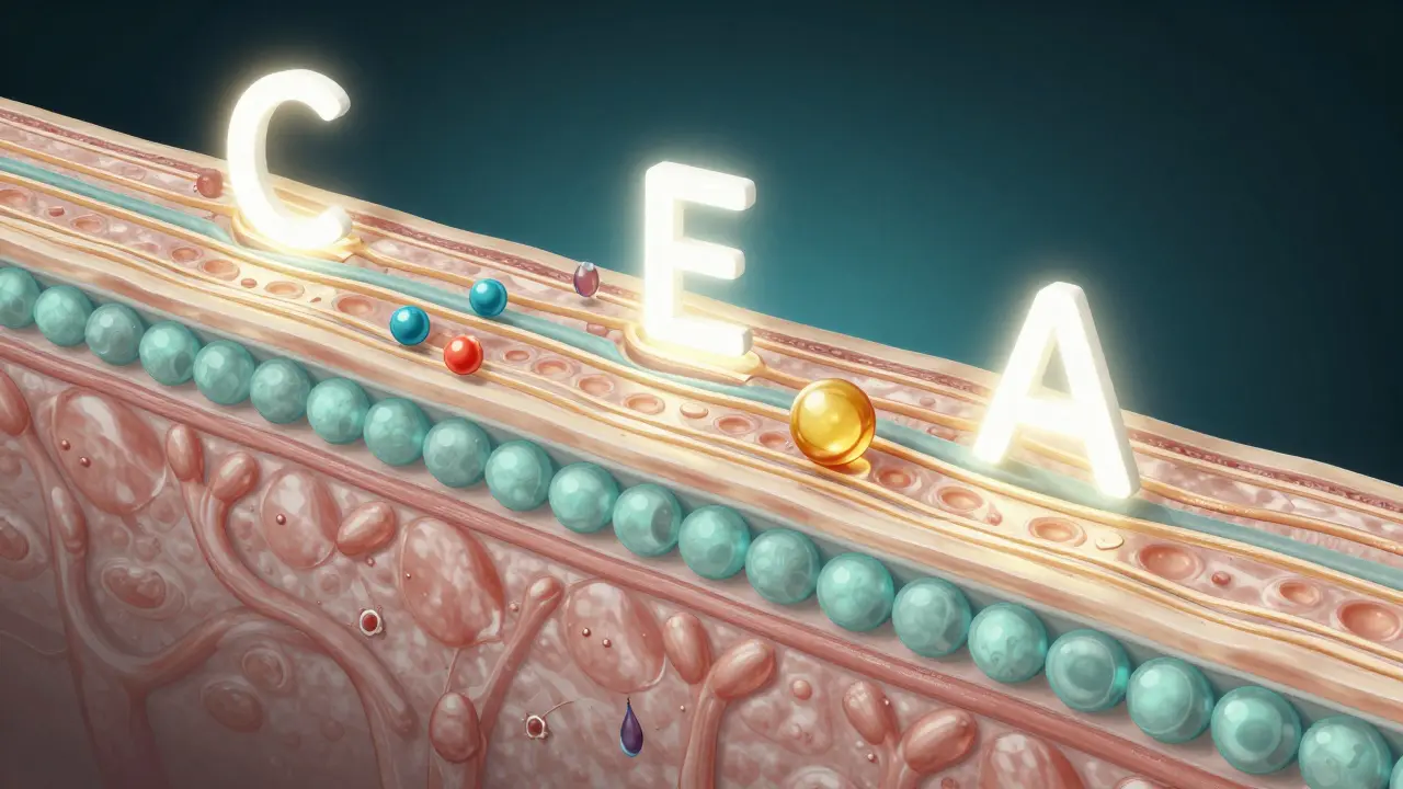 Vnitřní pohled na kůži s vitamíny C, E, A a D podporujícími obnovu kolagenu a boj proti volným radikálům.