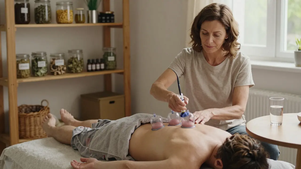 Žena doma používá baňky na vlastní záda s ručním čerpadlem, teplé osvětlení a voda na stole.