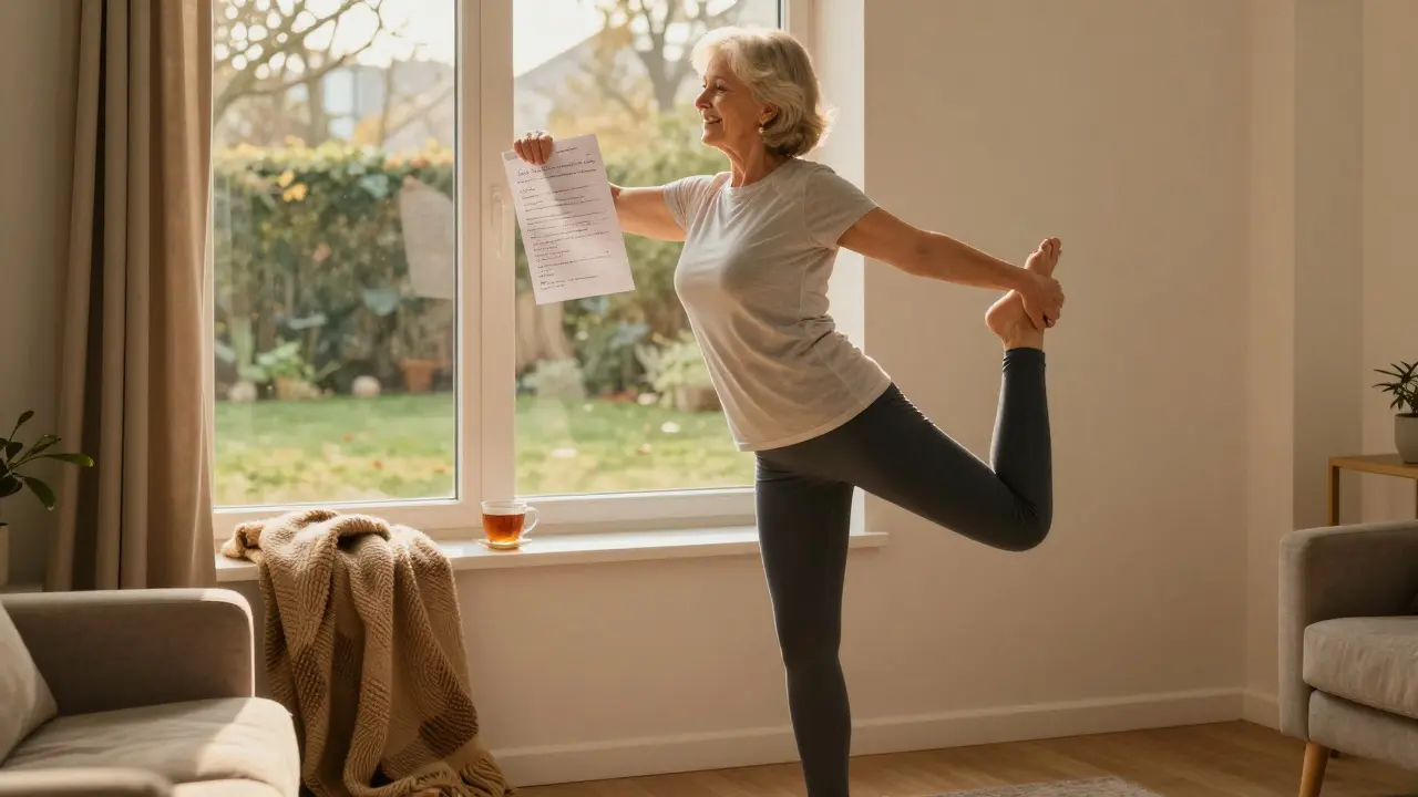 Žena doma provádí jednoduché protahování po rehabilitační masáži.