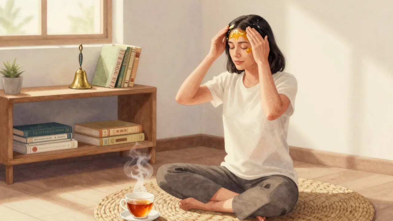 Žena provádí domácí ájurvédskou masáž hlavy ráno před sprchou v klidném prostředí.