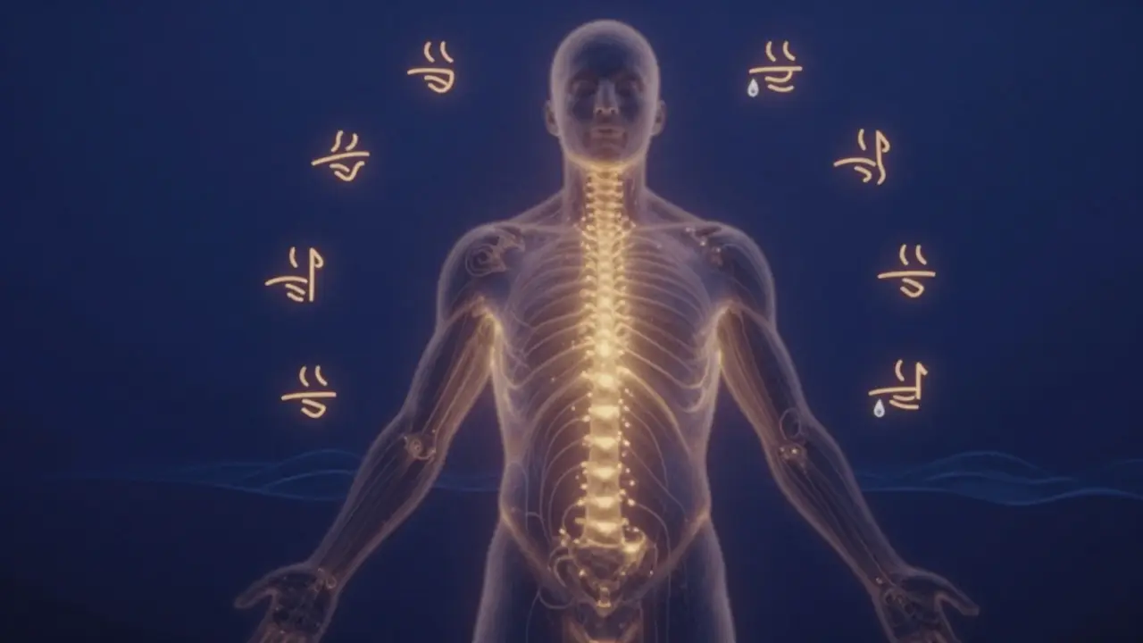 Abstraktní obraz těla s vyzařujícími energií čarami, znázorňující uvolnění zablokovaných emocí.