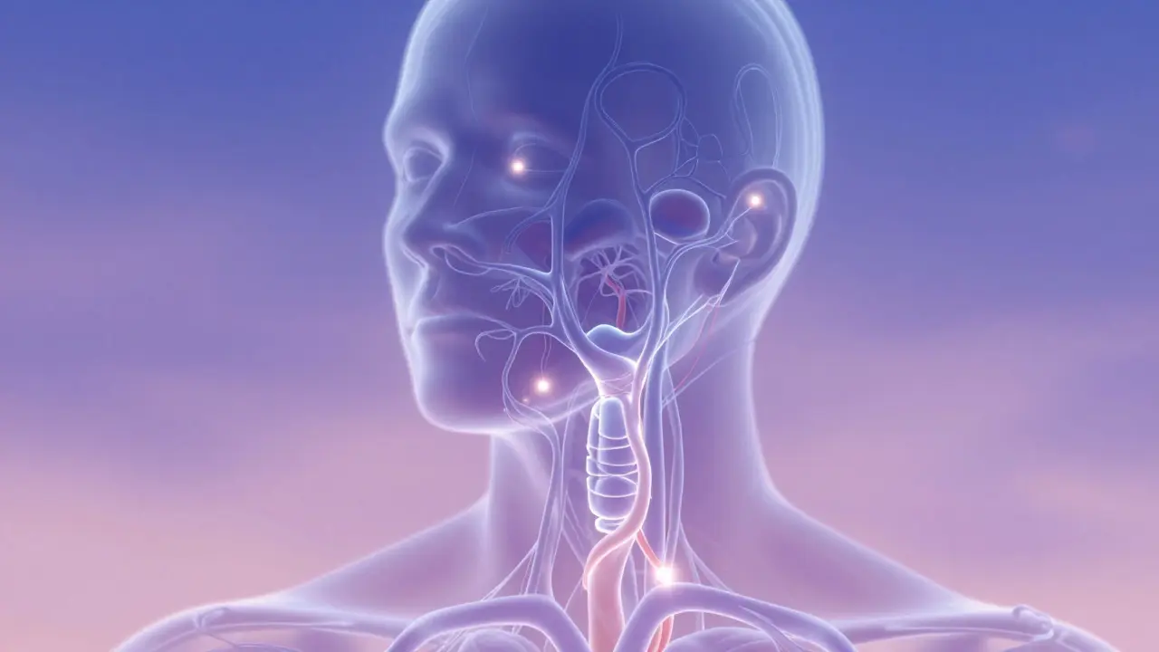 Abstraktní znázornění pohybu lymfy pod kůží hlavy a krku směrem k lymfatickým uzlům.