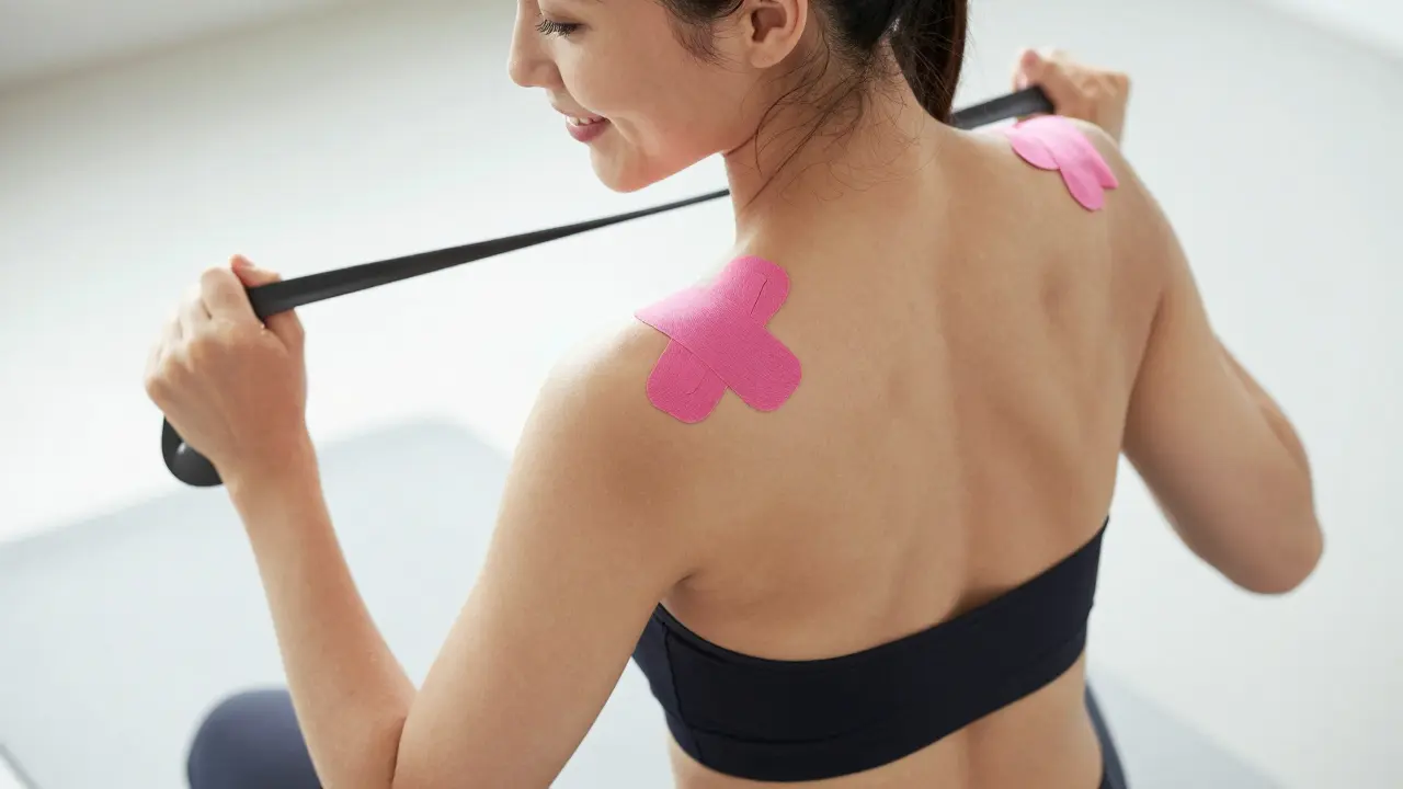 Osoba s tejpem na rameni a lopatce dělá cvičení s odporovou páskou, přirozené osvětlení a bílá mat.