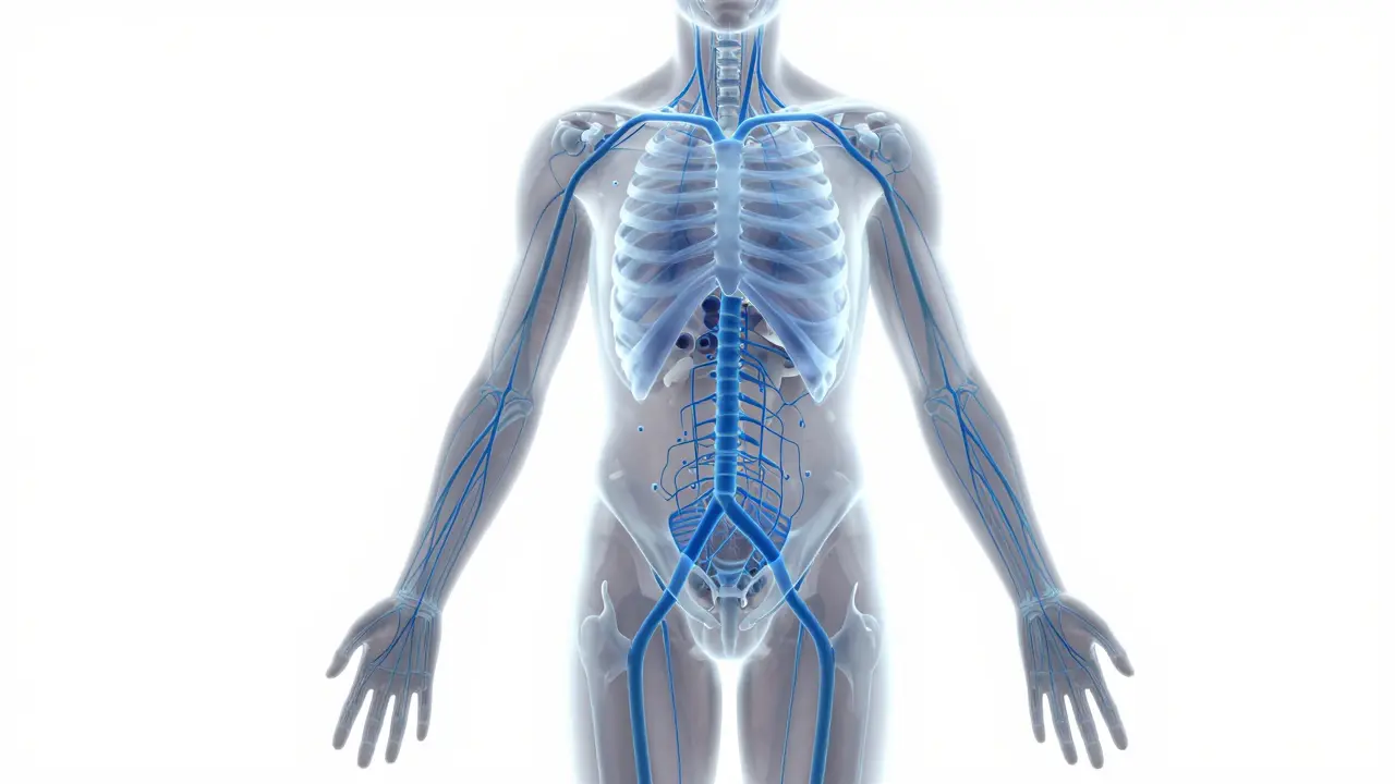 Průběh lymfatického systému těla s průhlednými tokem tekutiny směrem k jádru.