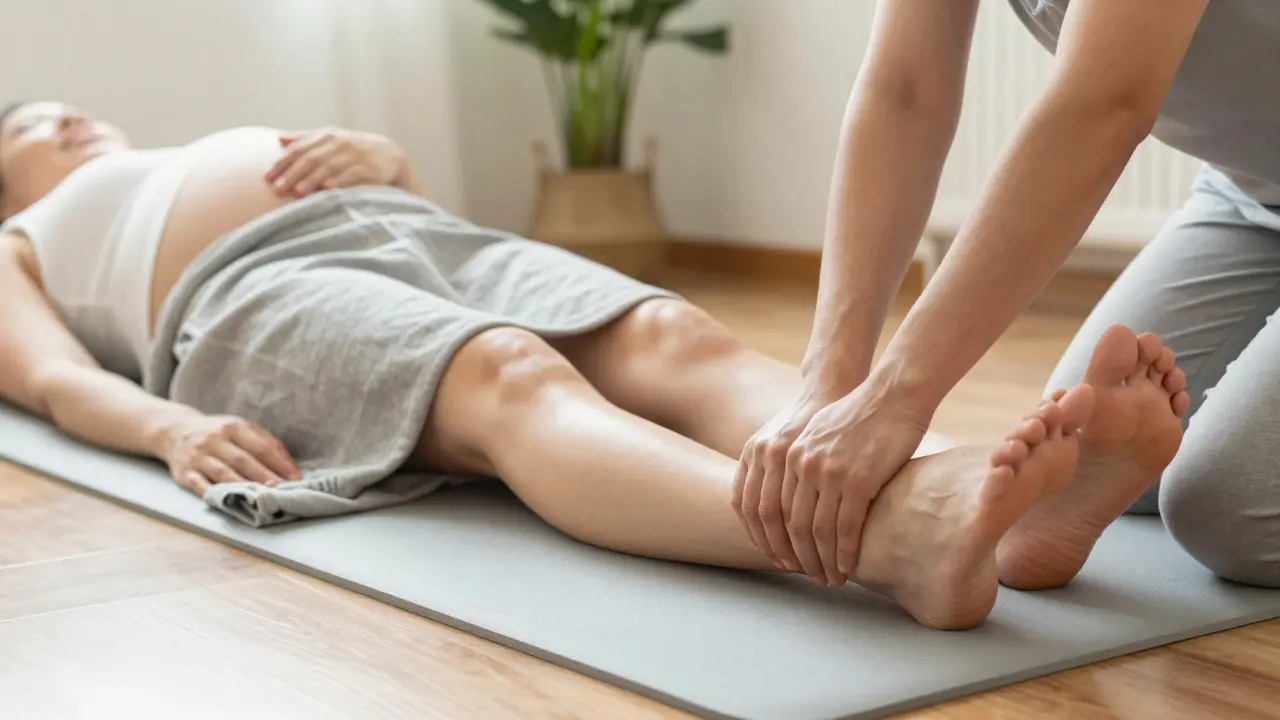 Těhotná žena obdrží jemnou lymfatickou masáž na nohou v klidném prostředí.